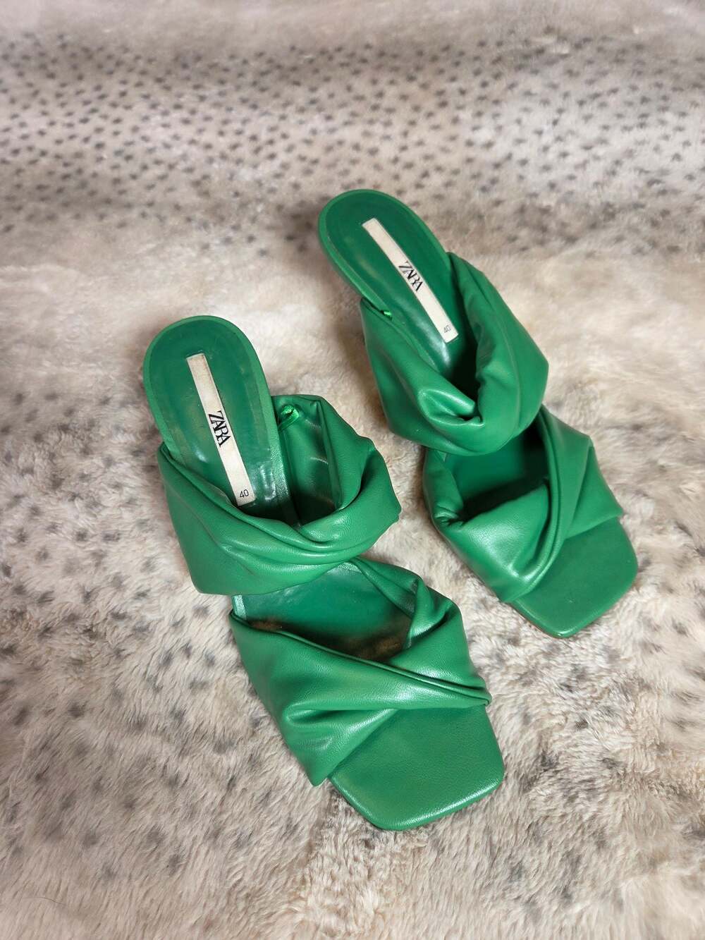 Zara Green Ruched Double Strap Heeled Mule Sandals Size‎ 9